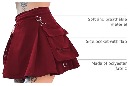 Ruolai Goth Black Pleated Mini Skirt with Chain High Waisted Tennis Skirt