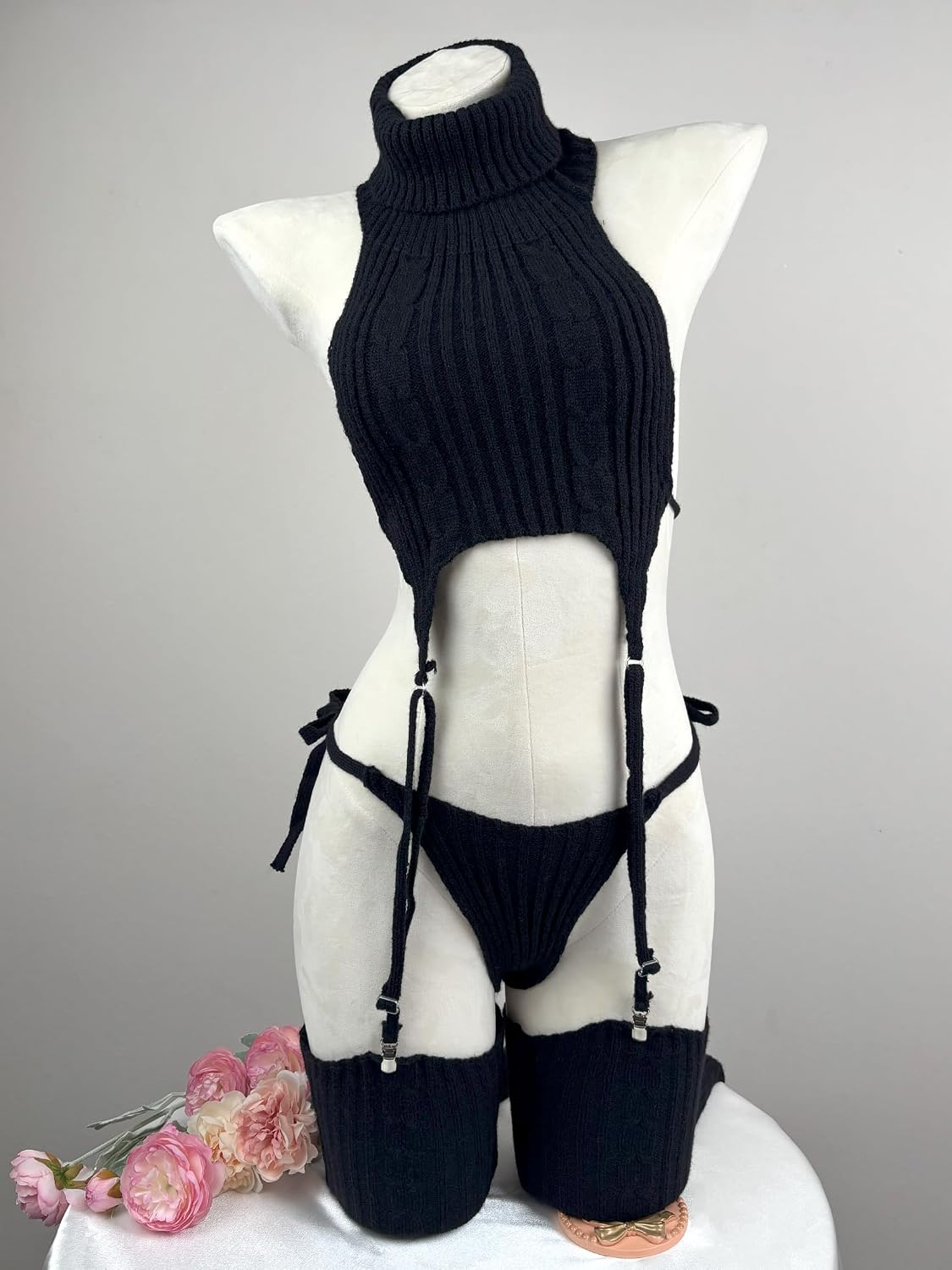White Knit Sweater Lingerie Set Halter Crop Top with Garter Design, Sexy Cosplay Outfit