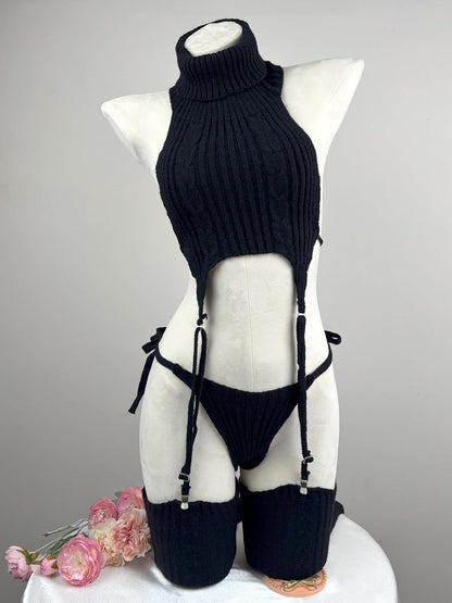 White Knit Sweater Lingerie Set Halter Crop Top with Garter Design, Sexy Cosplay Outfit