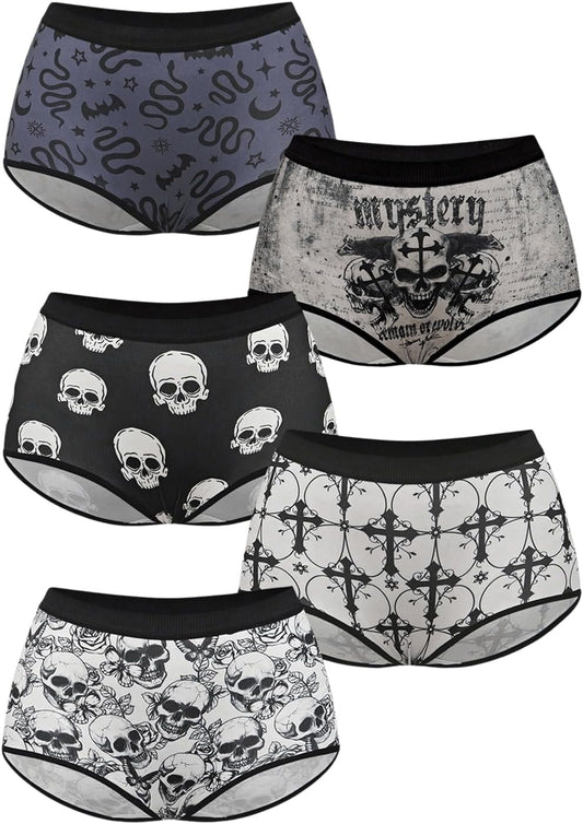 WDIRARA 5 Pack Goth Graphic Panties Boyshorts Mid Rise Shorts Briefs Boxer