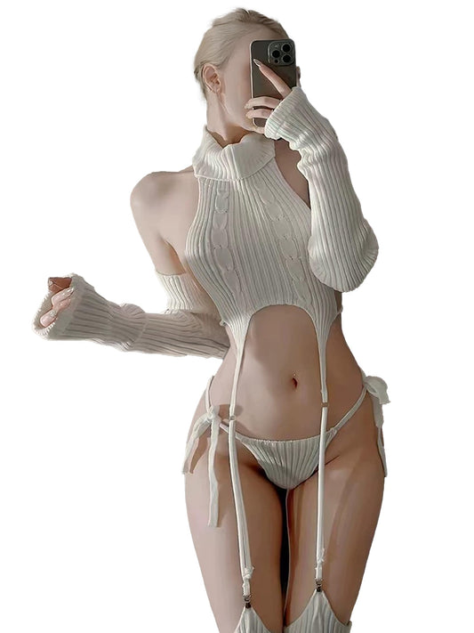 White Knit Sweater Lingerie Set Halter Crop Top with Garter Design, Sexy Cosplay Outfit