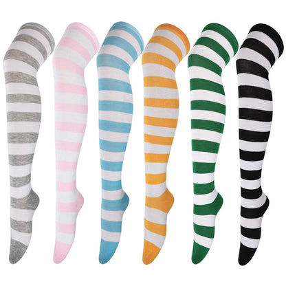 DRESHOW 6 Pairs High Thigh Socks Striped Over Knee Thin Tights Long Stocking Leg Warmer