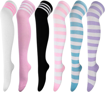 DRESHOW 6 Pairs High Thigh Socks Striped Over Knee Thin Tights Long Stocking Leg Warmer