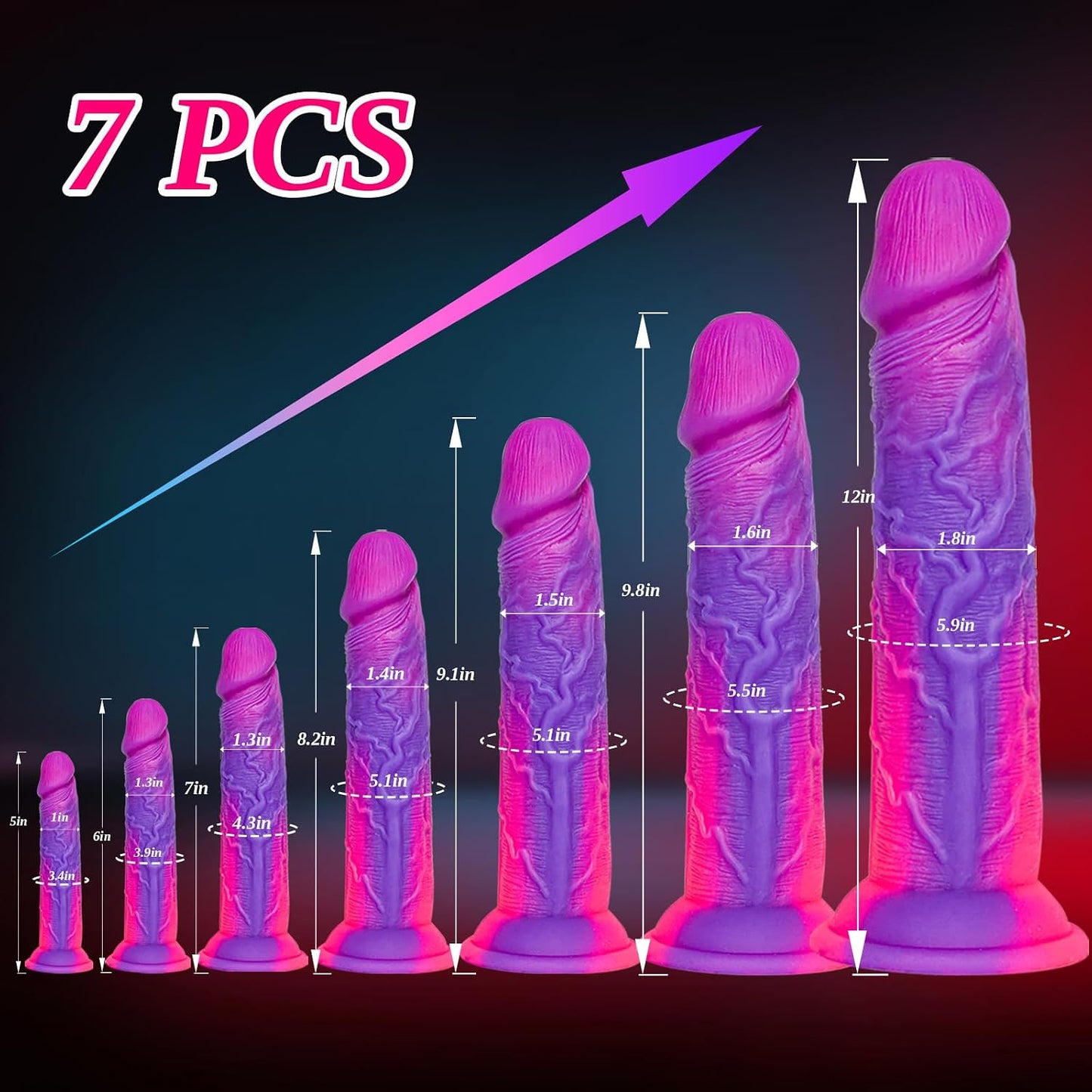 7-Piece Realistic Soft Silicone Dildo Set (5", 6", 7", 8", 9",10",12"), Fantasy Suction Cup Dildo Anal Plug Training Set, Small Big Dildos Strap-On Sex Toys for Women Men Beginners to Advanced Users