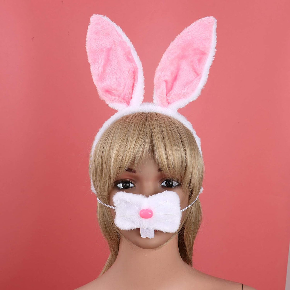 JEATHA Bunny Rabbit Plush Ears Hair Hoop Nose Cover and Rabbit Fur Tail Ball Anal Plug Cosplay Costume Props