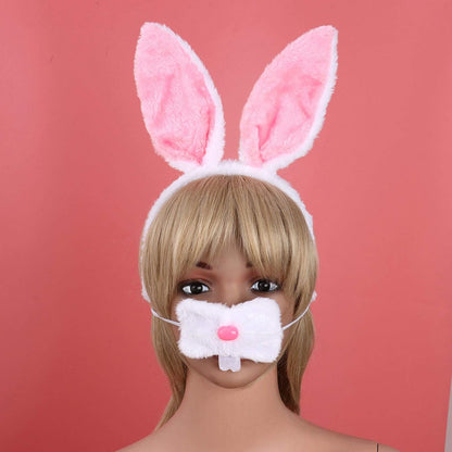 JEATHA Bunny Rabbit Plush Ears Hair Hoop Nose Cover and Rabbit Fur Tail Ball Anal Plug Cosplay Costume Props