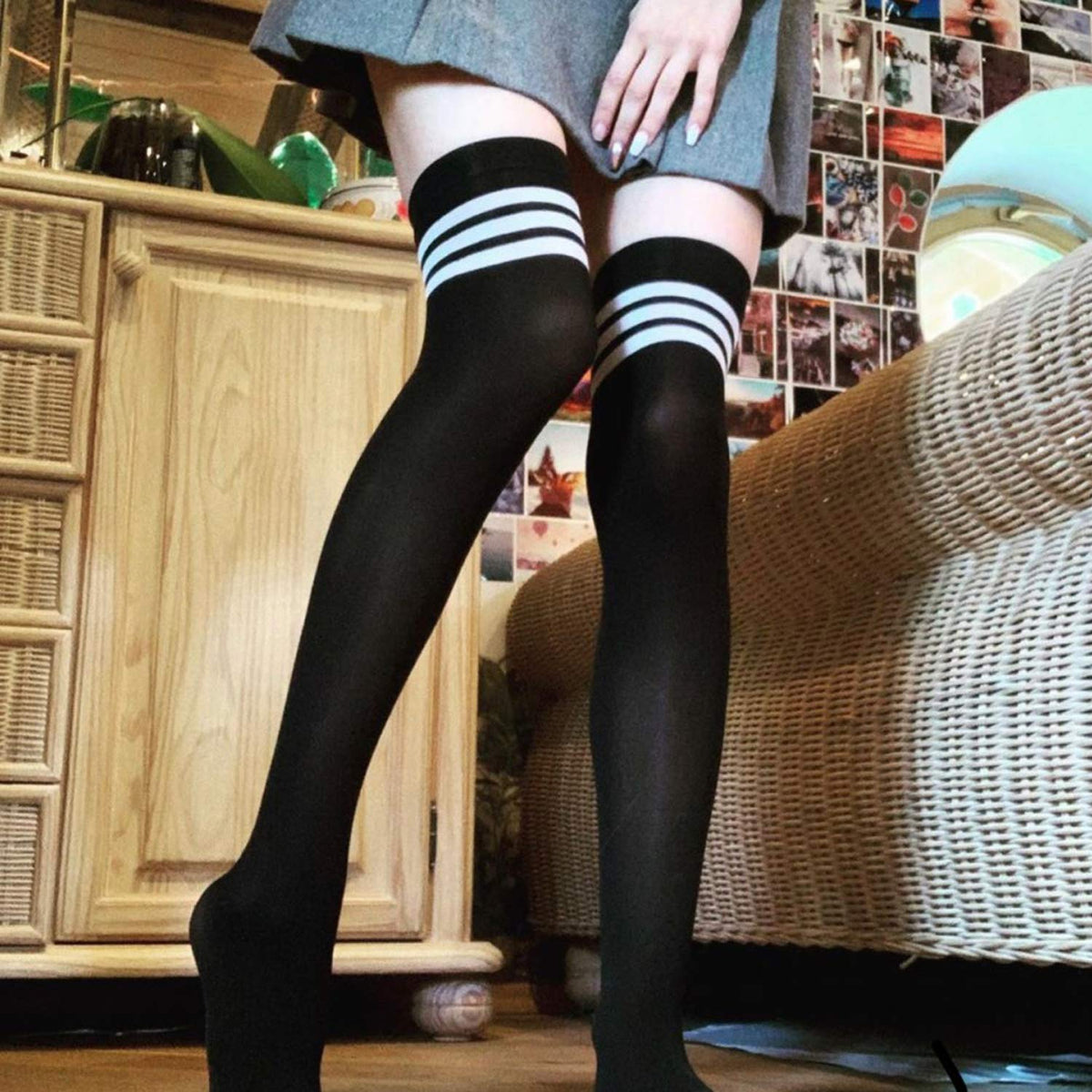 DRESHOW 6 Pairs High Thigh Socks Striped Over Knee Thin Tights Long Stocking Leg Warmer