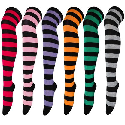 DRESHOW 6 Pairs High Thigh Socks Striped Over Knee Thin Tights Long Stocking Leg Warmer