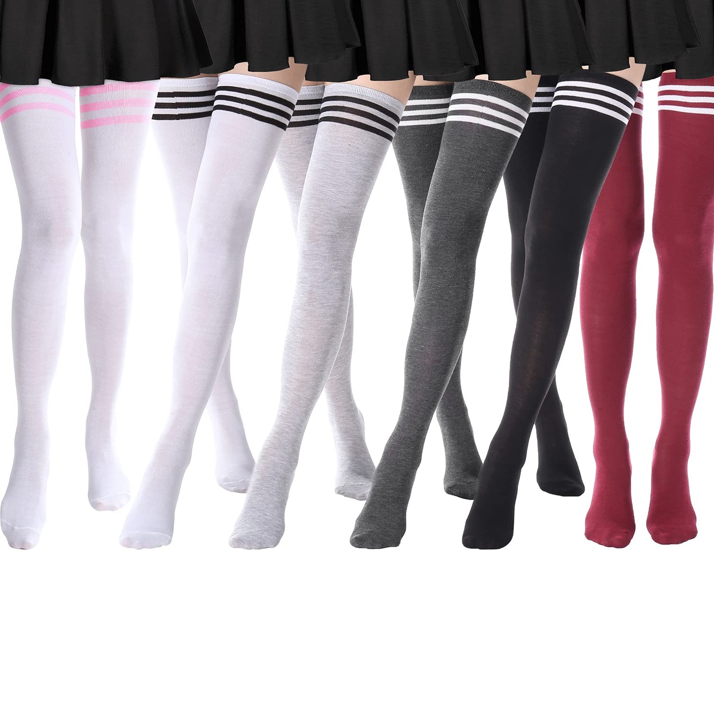 DRESHOW 6 Pairs High Thigh Socks Striped Over Knee Thin Tights Long Stocking Leg Warmer