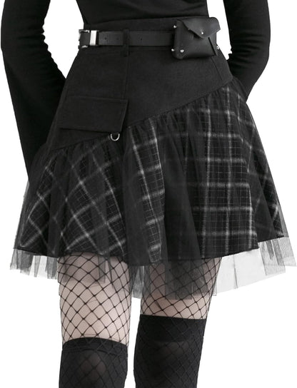 PUNK RAVE DAILY Gothic Skirts Goth Mini Plaid Skirt with Tulle Punk Dunk High Waist A-Line Party Skirt