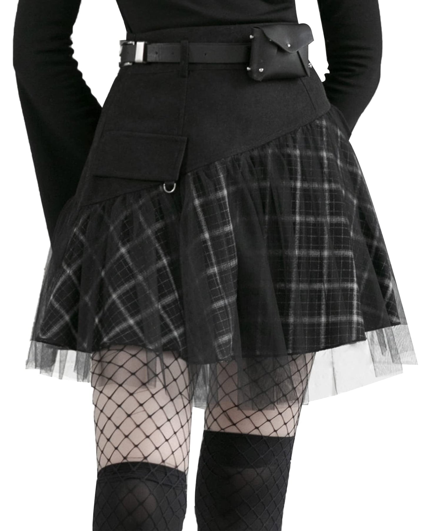 PUNK RAVE DAILY Gothic Skirts Goth Mini Plaid Skirt with Tulle Punk Dunk High Waist A-Line Party Skirt