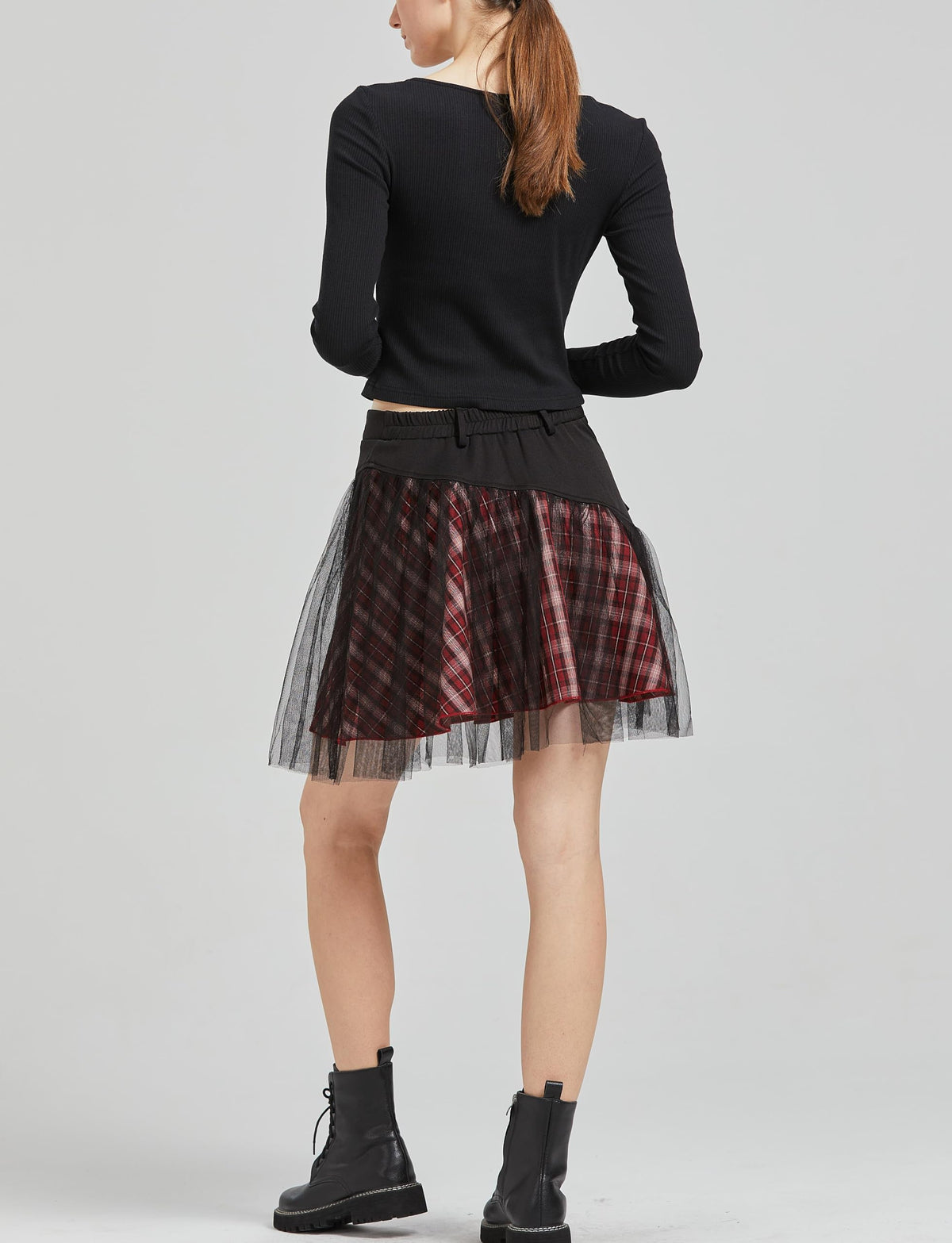 PUNK RAVE DAILY Gothic Skirts Goth Mini Plaid Skirt with Tulle Punk Dunk High Waist A-Line Party Skirt