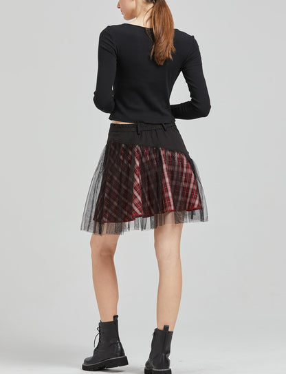 PUNK RAVE DAILY Gothic Skirts Goth Mini Plaid Skirt with Tulle Punk Dunk High Waist A-Line Party Skirt