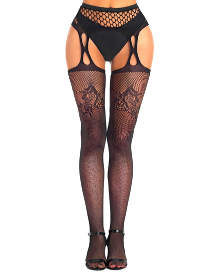 High Waist Fishnet Tights Suspenders Pantyhose Thigh High Stockings Black