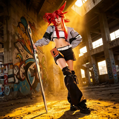 Gachiakuta Cosplay Riyo Full Set Anime Costume Women Jacket With Wig | Gachiakuta Anime Costume Outfit Riyo Reaper Full Set Cosplay Women Short Coat with Black Shoulder Straps for Halloween