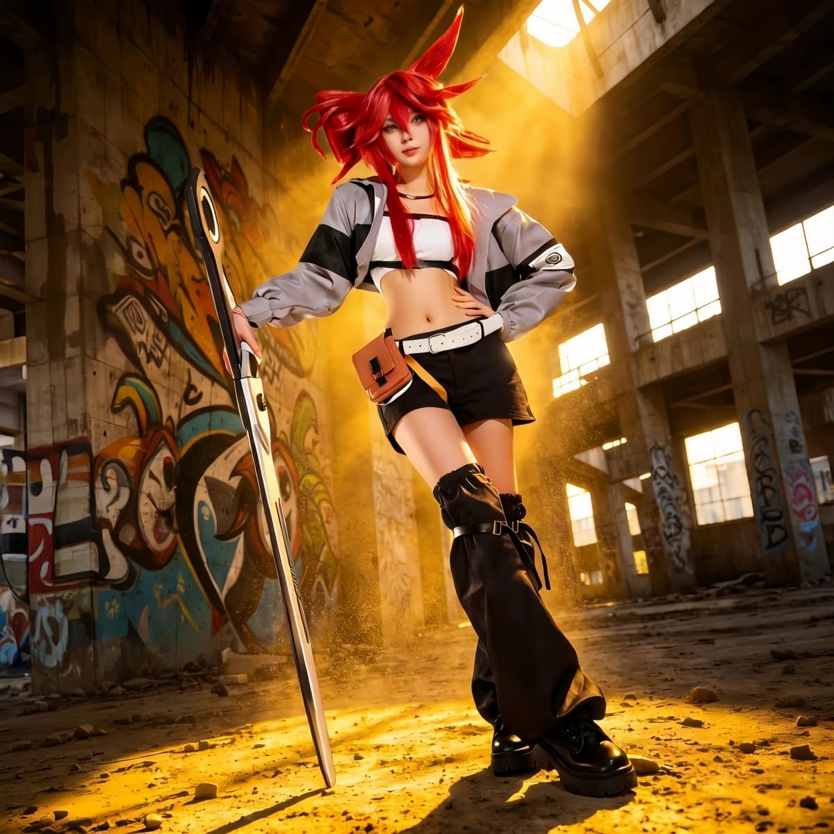 Gachiakuta Cosplay Riyo Full Set Anime Costume Women Jacket With Wig | Gachiakuta Anime Costume Outfit Riyo Reaper Full Set Cosplay Women Short Coat with Black Shoulder Straps for Halloween