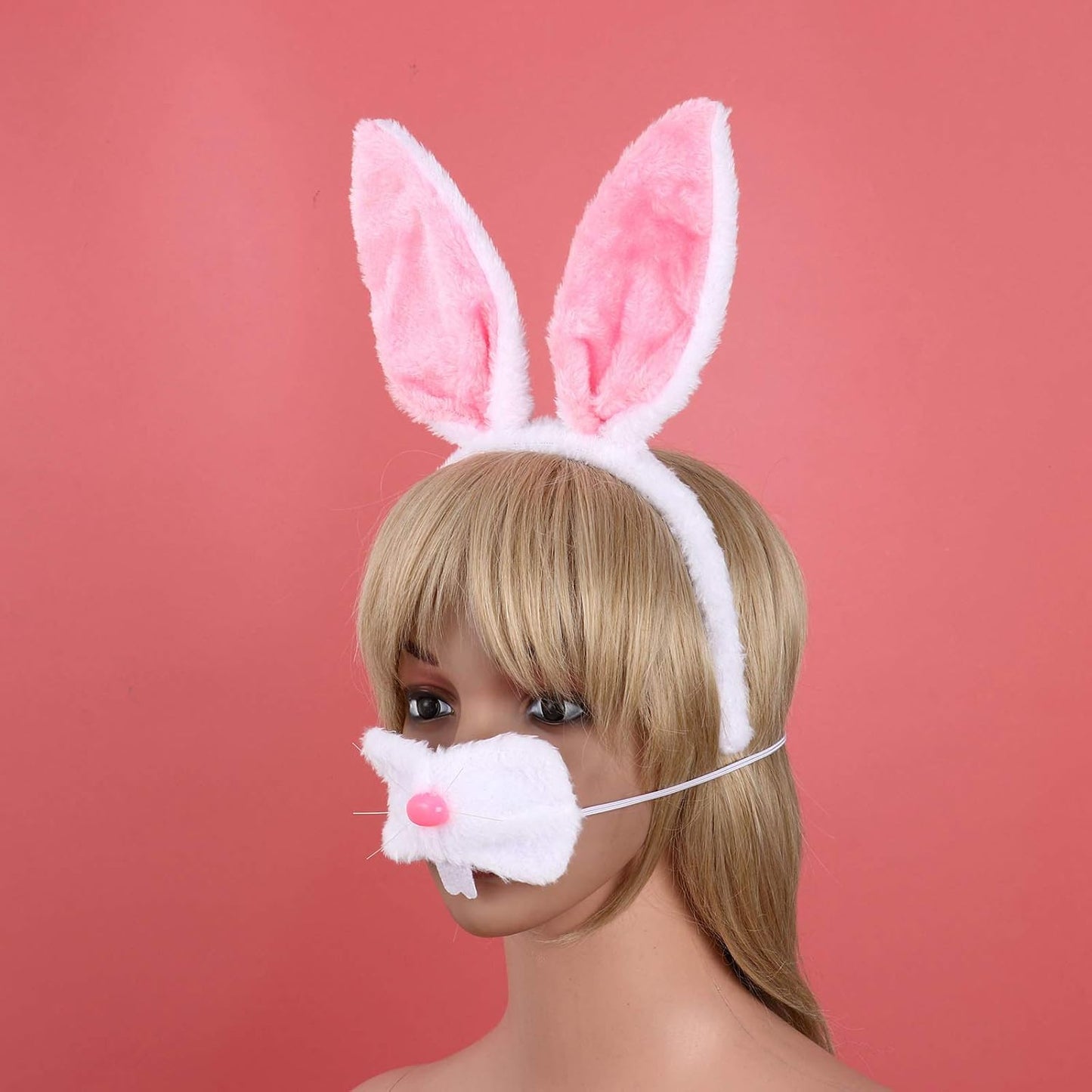 JEATHA Bunny Rabbit Plush Ears Hair Hoop Nose Cover and Rabbit Fur Tail Ball Anal Plug Cosplay Costume Props