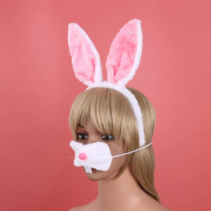 JEATHA Bunny Rabbit Plush Ears Hair Hoop Nose Cover and Rabbit Fur Tail Ball Anal Plug Cosplay Costume Props