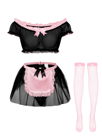 Sexy Lingerie Set 4 Piece Maid Costume with Thong 3XS-6XL | Mini Skirt with Fishnet Stockings Outfits Mesh Sheer Lace Halloween Christmas Valentine Day Boudoir