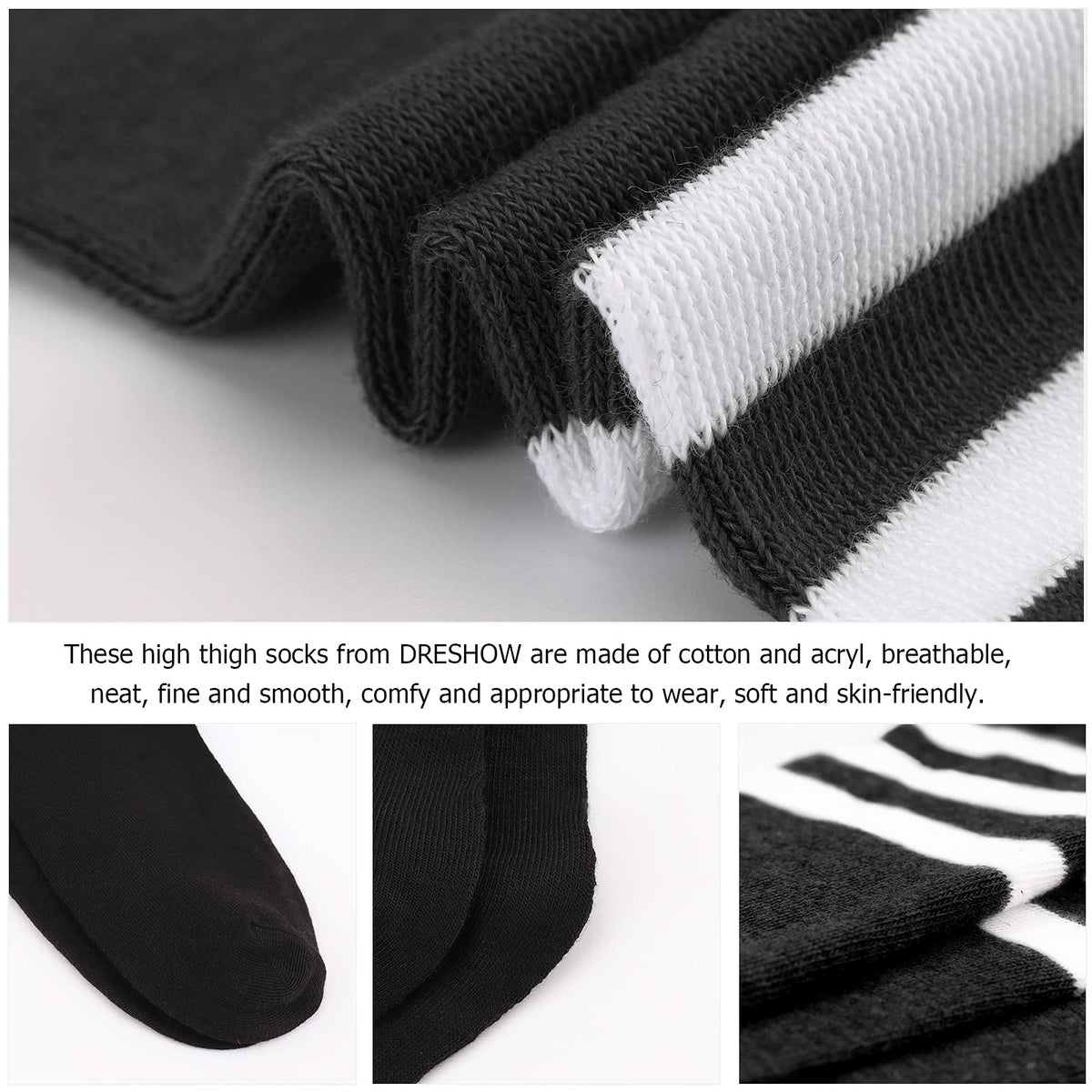 DRESHOW 6 Pairs High Thigh Socks Striped Over Knee Thin Tights Long Stocking Leg Warmer