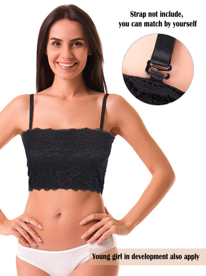 Boao 3 Pieces Women's Floral Lace Tube Top Bandeau Strapless Bras Seamless Stretchy Chest Wrap