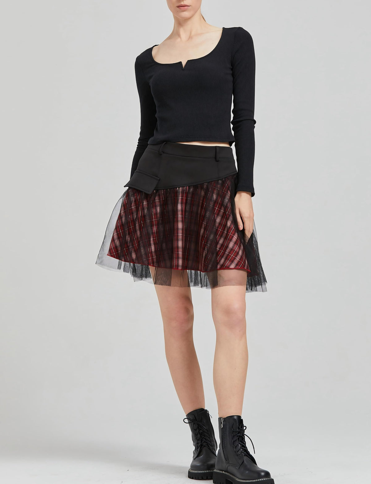 PUNK RAVE DAILY Gothic Skirts Goth Mini Plaid Skirt with Tulle Punk Dunk High Waist A-Line Party Skirt