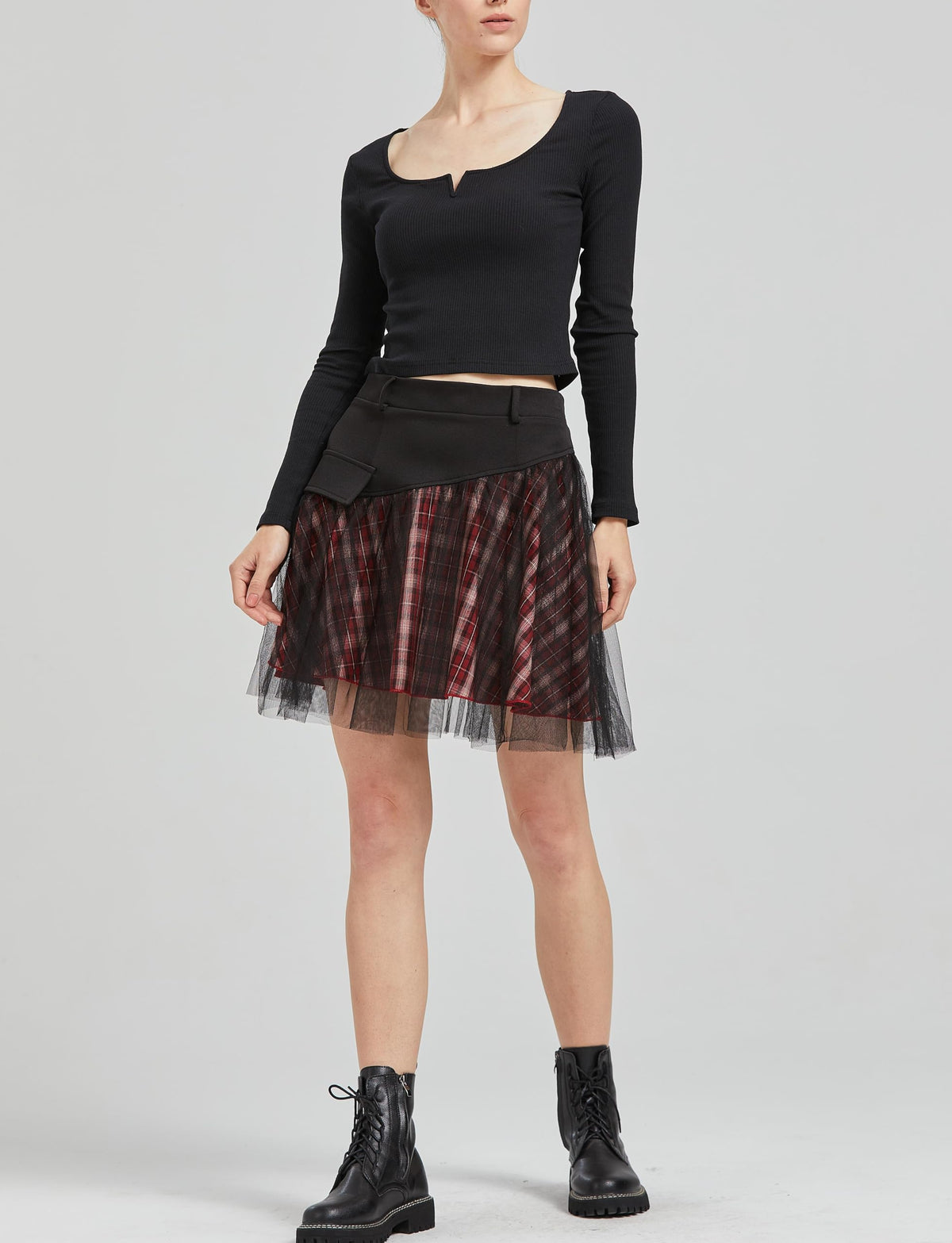 PUNK RAVE DAILY Gothic Skirts Goth Mini Plaid Skirt with Tulle Punk Dunk High Waist A-Line Party Skirt