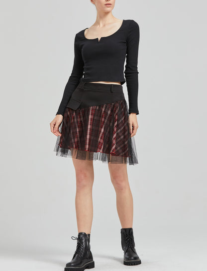 PUNK RAVE DAILY Gothic Skirts Goth Mini Plaid Skirt with Tulle Punk Dunk High Waist A-Line Party Skirt
