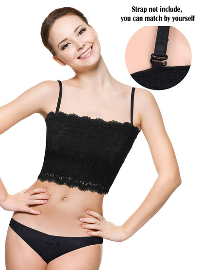 Boao 3 Pieces Women's Floral Lace Tube Top Bandeau Strapless Bras Seamless Stretchy Chest Wrap