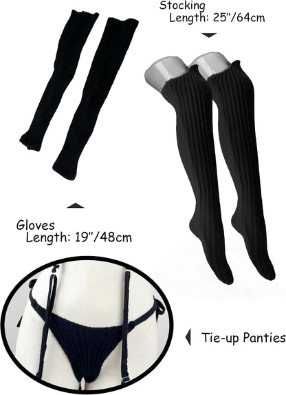White Knit Sweater Lingerie Set Halter Crop Top with Garter Design, Sexy Cosplay Outfit