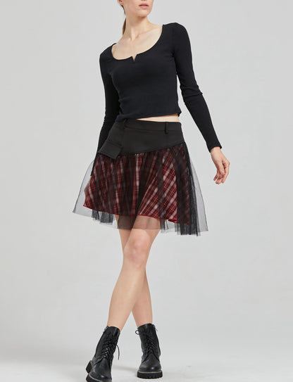 PUNK RAVE DAILY Gothic Skirts Goth Mini Plaid Skirt with Tulle Punk Dunk High Waist A-Line Party Skirt