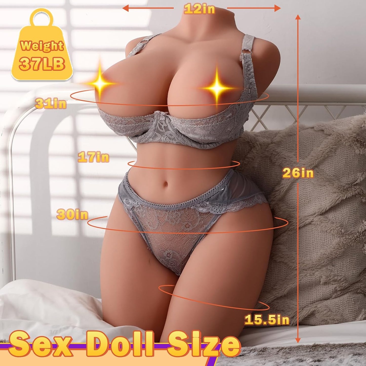 37LB Sex Doll Torso for Men, Life Size Female Sex Dolls, Big Boobs | Realistic TPE Male Masturbator with Soft Big Butt, Vaginal & Anal Channel and Built-in Skeleton