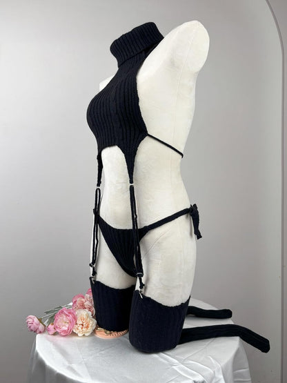 White Knit Sweater Lingerie Set Halter Crop Top with Garter Design, Sexy Cosplay Outfit