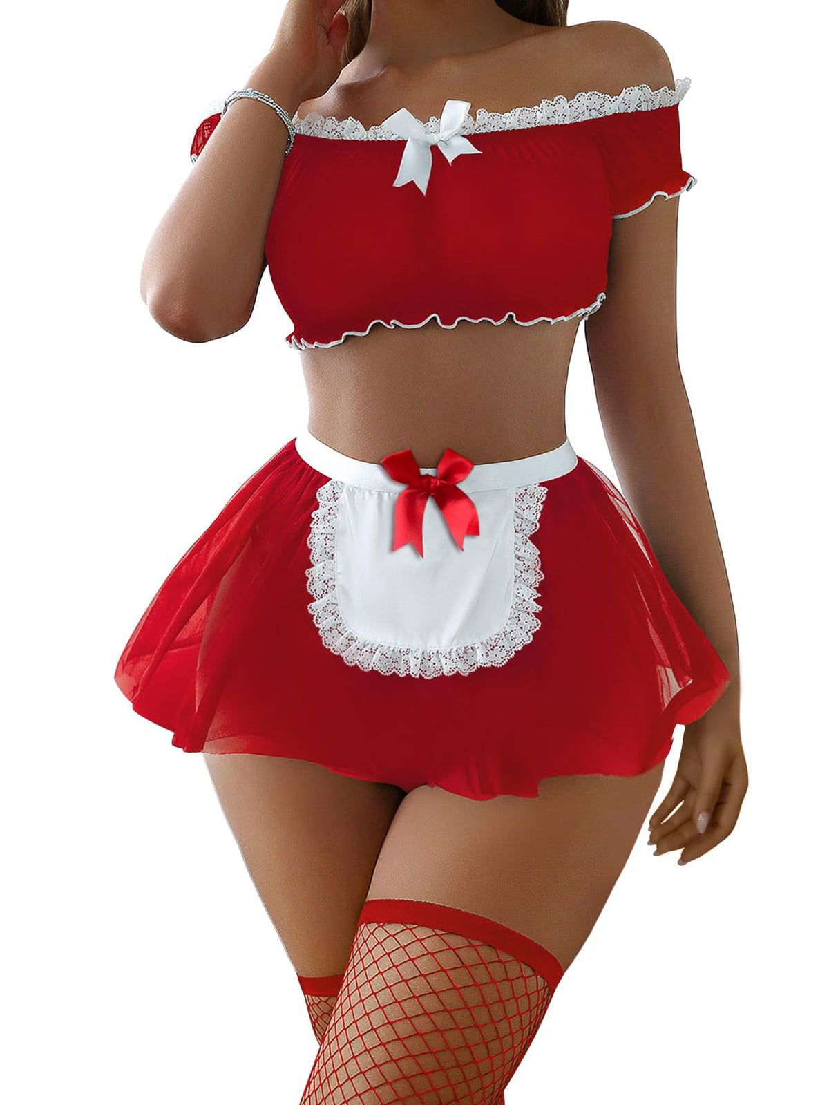 Sexy Lingerie Set 4 Piece Maid Costume with Thong 3XS-6XL | Mini Skirt with Fishnet Stockings Outfits Mesh Sheer Lace Halloween Christmas Valentine Day Boudoir