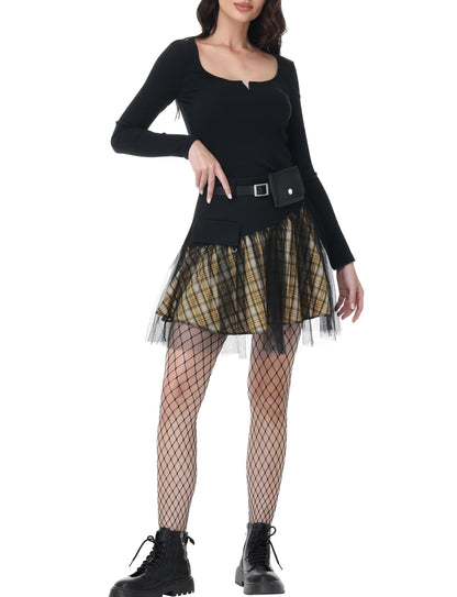 PUNK RAVE DAILY Gothic Skirts Goth Mini Plaid Skirt with Tulle Punk Dunk High Waist A-Line Party Skirt