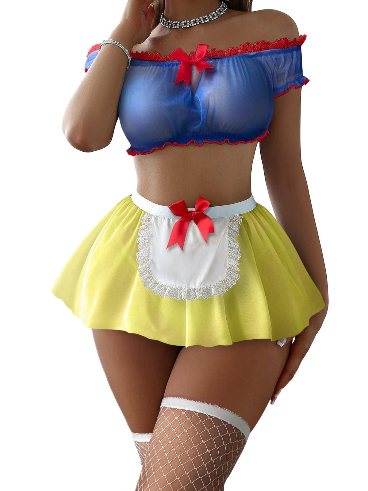 Sexy Lingerie Set 4 Piece Maid Costume with Thong 3XS-6XL | Mini Skirt with Fishnet Stockings Outfits Mesh Sheer Lace Halloween Christmas Valentine Day Boudoir