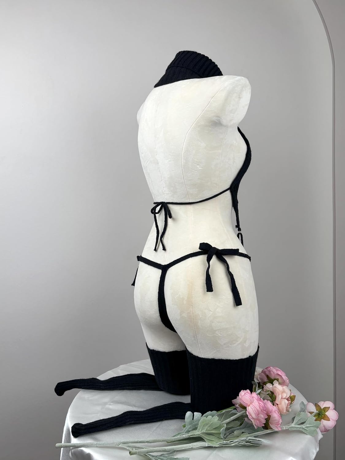 White Knit Sweater Lingerie Set Halter Crop Top with Garter Design, Sexy Cosplay Outfit