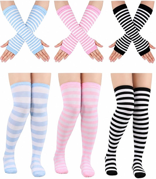 Bycc Bynn Vibrant Striped Knee Socks & Fingerless Gloves Set - Multi-Color | Soft stretchy knit with breathable warmth, cozy elastic fit, and all-day comfort, perfect for parties, work, or home.