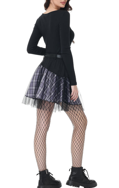 PUNK RAVE DAILY Gothic Skirts Goth Mini Plaid Skirt with Tulle Punk Dunk High Waist A-Line Party Skirt
