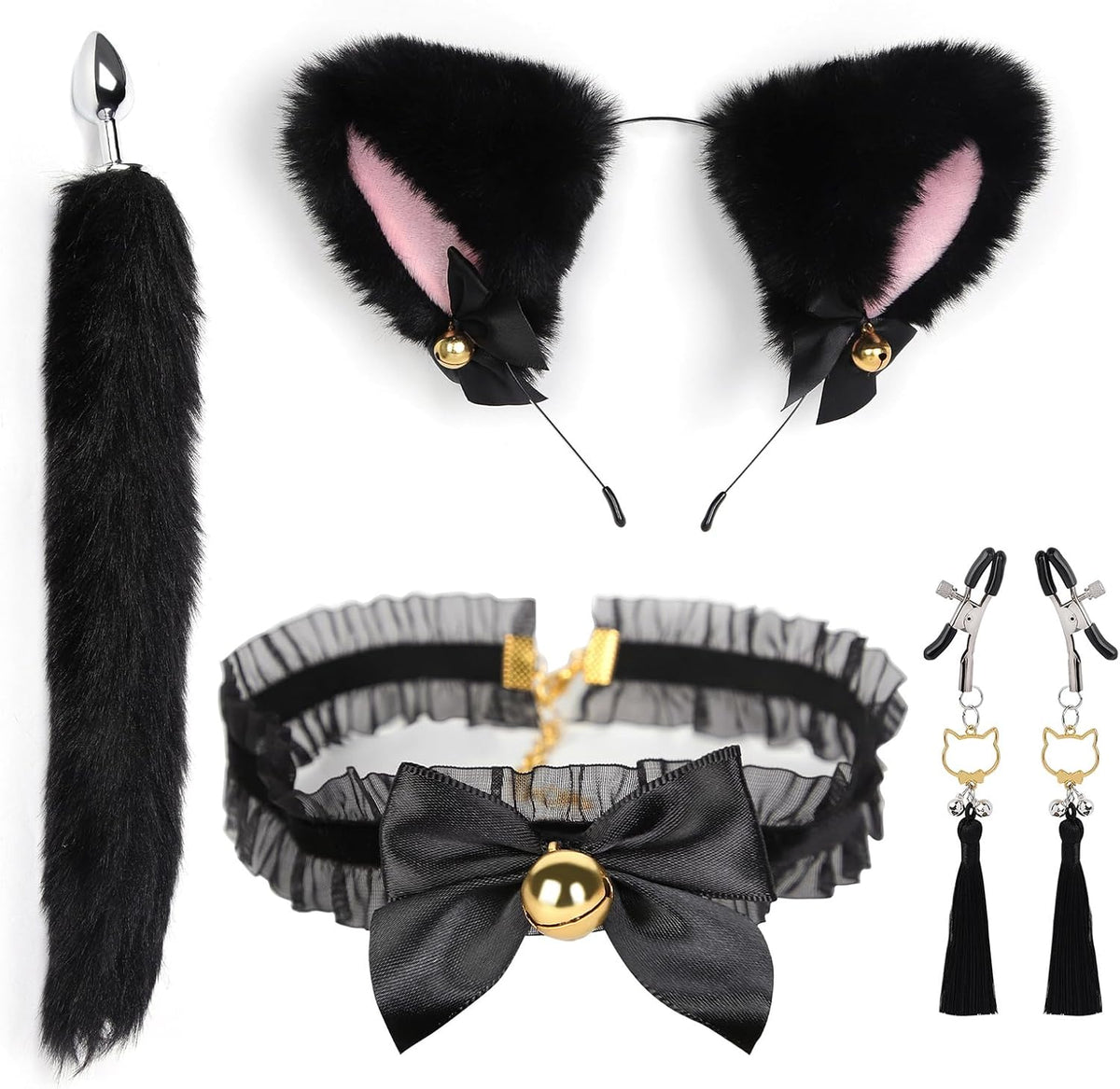 Animal Tail Butt Plug Furry Anal Plush Cat Ears Headband Cosplay Costume Kit Bell Choker Necklace Adjustable Nipple Clamp Sexual Anus Role Play