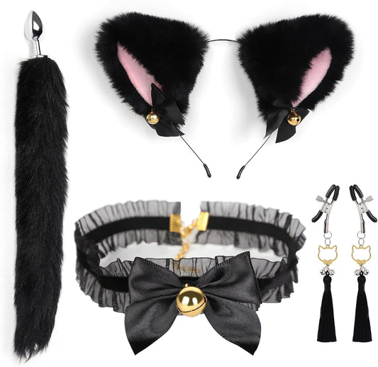 Animal Tail Butt Plug Furry Anal Plush Cat Ears Headband Cosplay Costume Kit Bell Choker Necklace Adjustable Nipple Clamp Sexual Anus Role Play