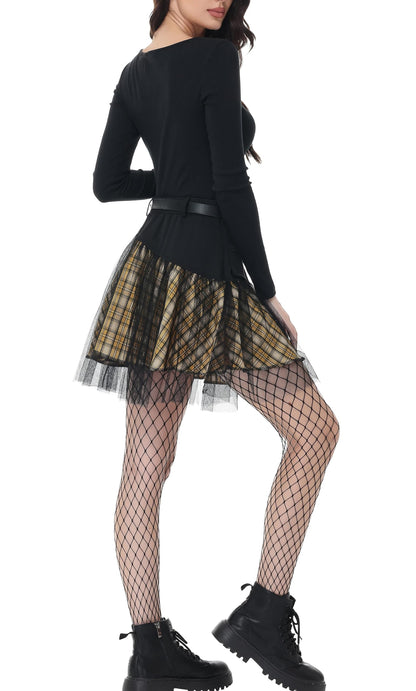 PUNK RAVE DAILY Gothic Skirts Goth Mini Plaid Skirt with Tulle Punk Dunk High Waist A-Line Party Skirt