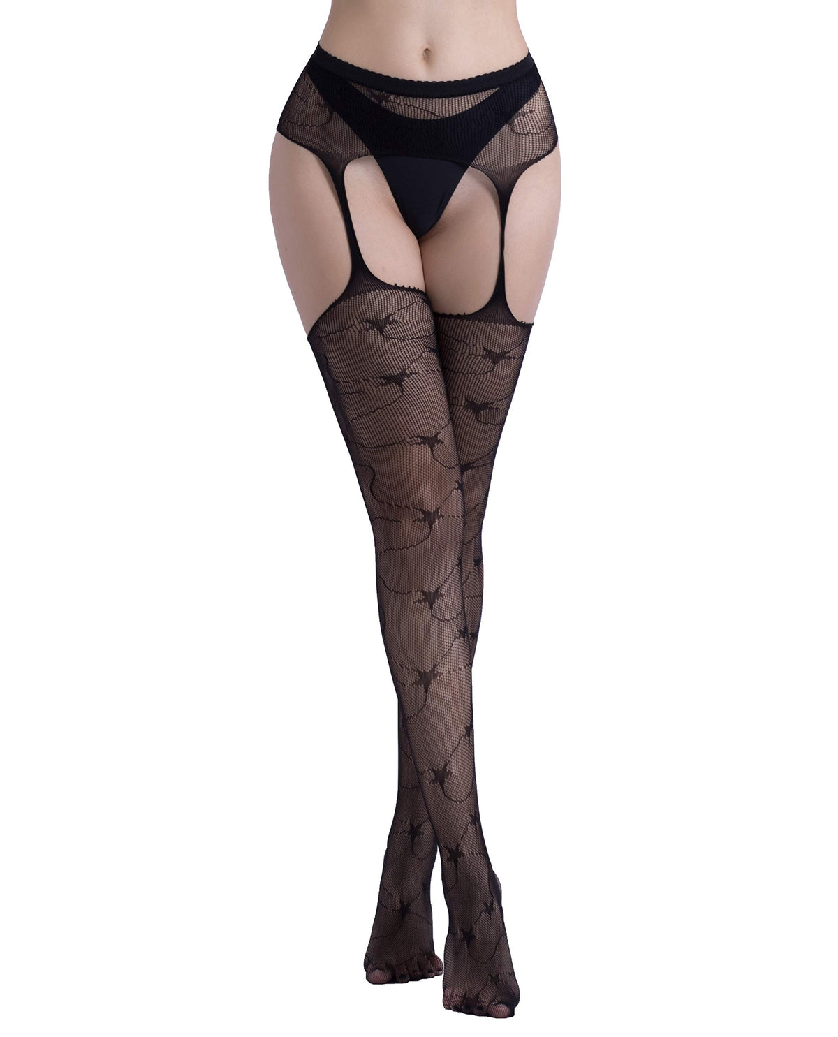 High Waist Fishnet Tights Suspenders Pantyhose Thigh High Stockings Black