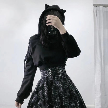Cat Ear Hoodie Pullover Long Sleeve Off Shoulder Cute Crop Top Hoodies Sweatshirt