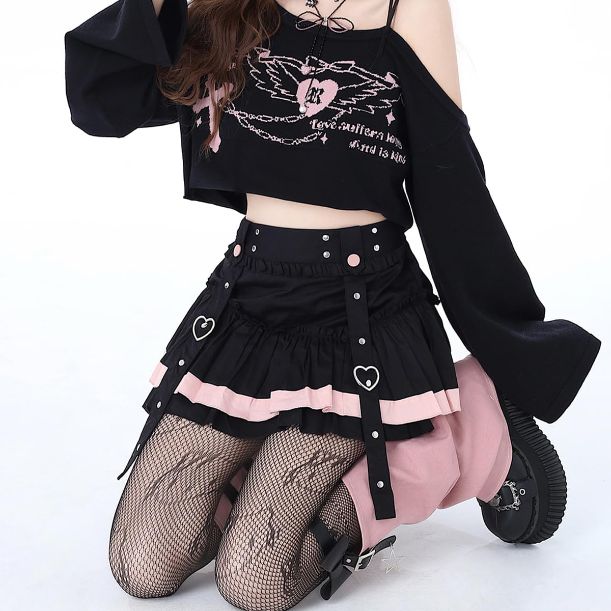 Casual Fashion High Waist A-line Mini Skirt Y2K Cute Suspenders Decoration Splicing Pleated Skirt