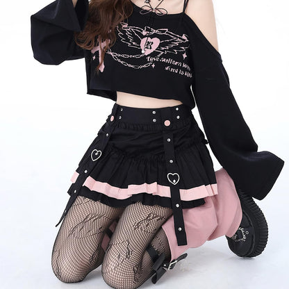 Casual Fashion High Waist A-line Mini Skirt Y2K Cute Suspenders Decoration Splicing Pleated Skirt