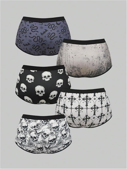 WDIRARA 5 Pack Goth Graphic Panties Boyshorts Mid Rise Shorts Briefs Boxer