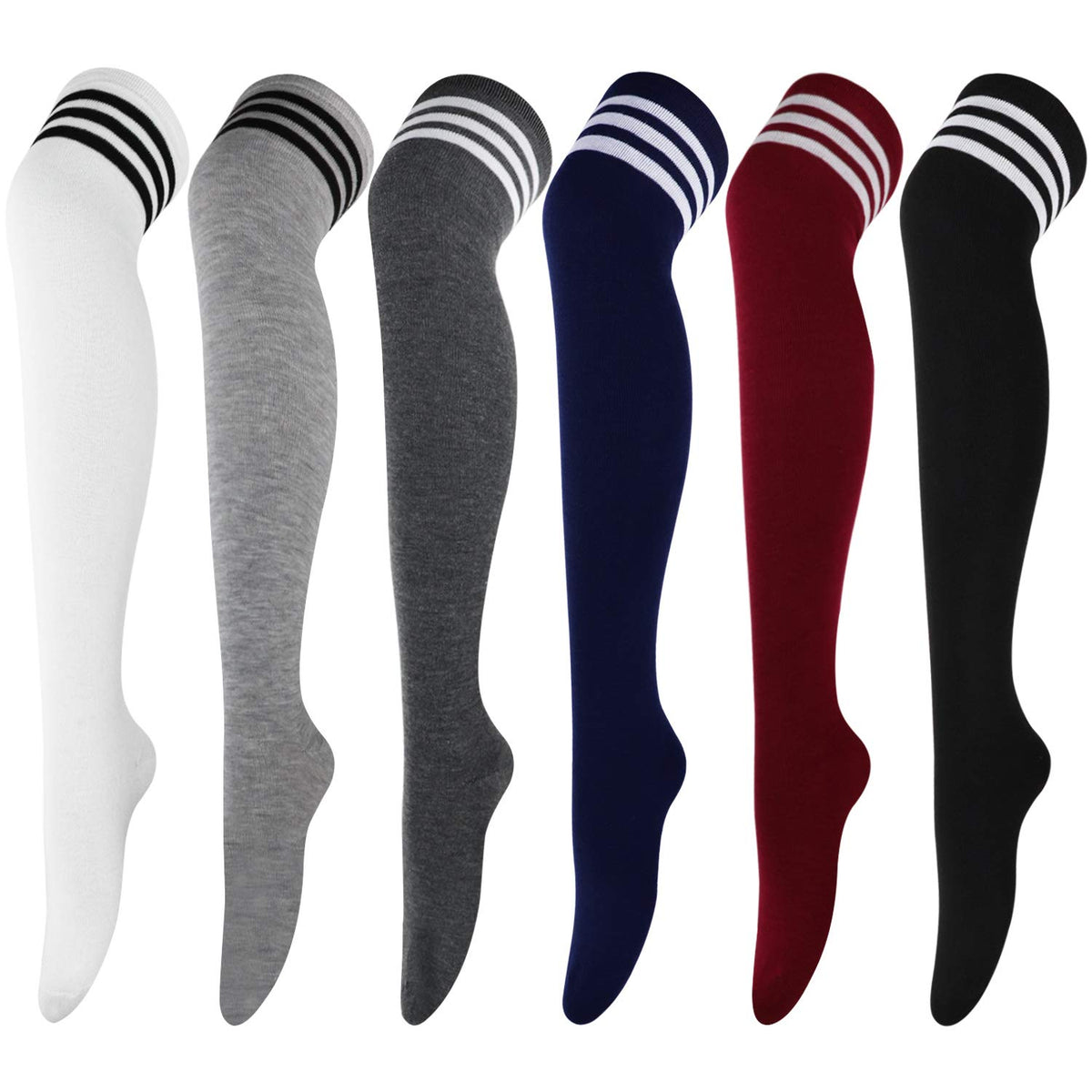DRESHOW 6 Pairs High Thigh Socks Striped Over Knee Thin Tights Long Stocking Leg Warmer