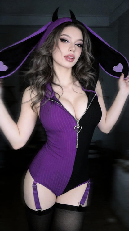 Demon Bunny Cosplay Lingerie Striped Bodysuit | Bunny Lingerie, Exotic Costumes, Demon Bunny, Jail Costume, Striped Costume, Halloween Costume, Festival Outfit