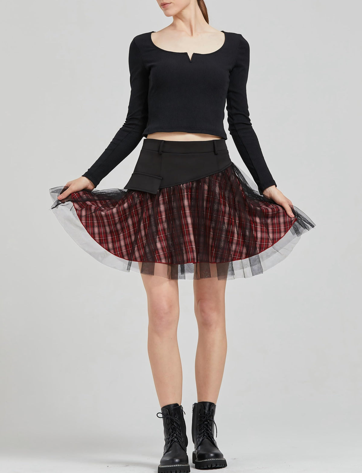 PUNK RAVE DAILY Gothic Skirts Goth Mini Plaid Skirt with Tulle Punk Dunk High Waist A-Line Party Skirt